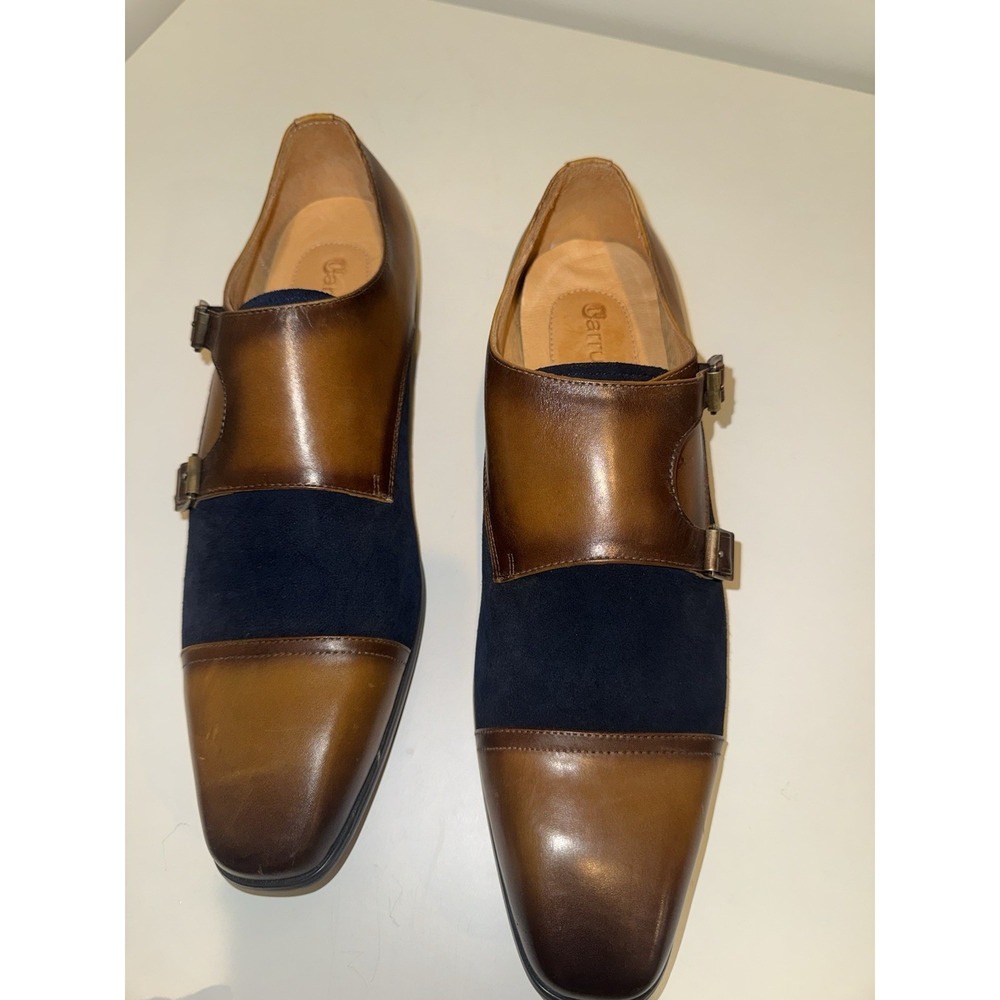 Carrucci Men's 13 Wingtip Double Monk Strap Shoes Two Tone Navy Brown Leather - Picture 6 of 10